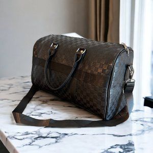 Luxury Travel Tote Bag with Leather Plaid Trips handbag, Travel Duffle Black